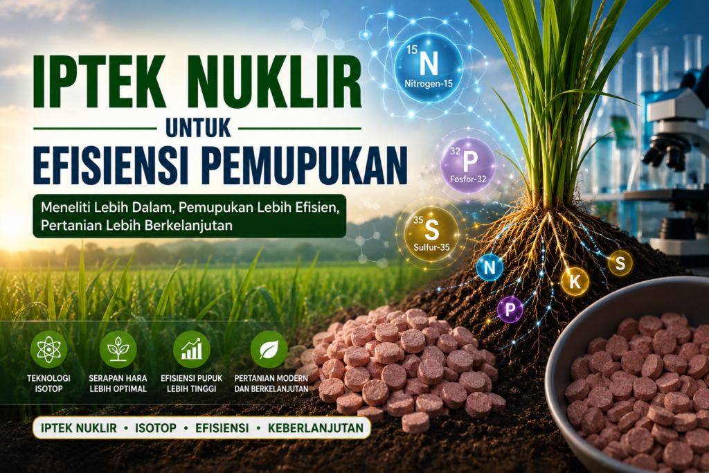 OG image ilmiah tentang pemanfaatan IPTEK nuklir dalam penelitian efisiensi pemupukan, menampilkan tanaman padi, akar tanaman, simbol isotop Nitrogen-15 dan Fosfor-32, laboratorium pertanian, serta pupuk tablet NPK.