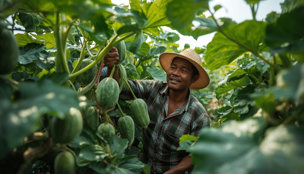 Tanaman Melon Sehat dengan Buah yang Sedang Berkembang